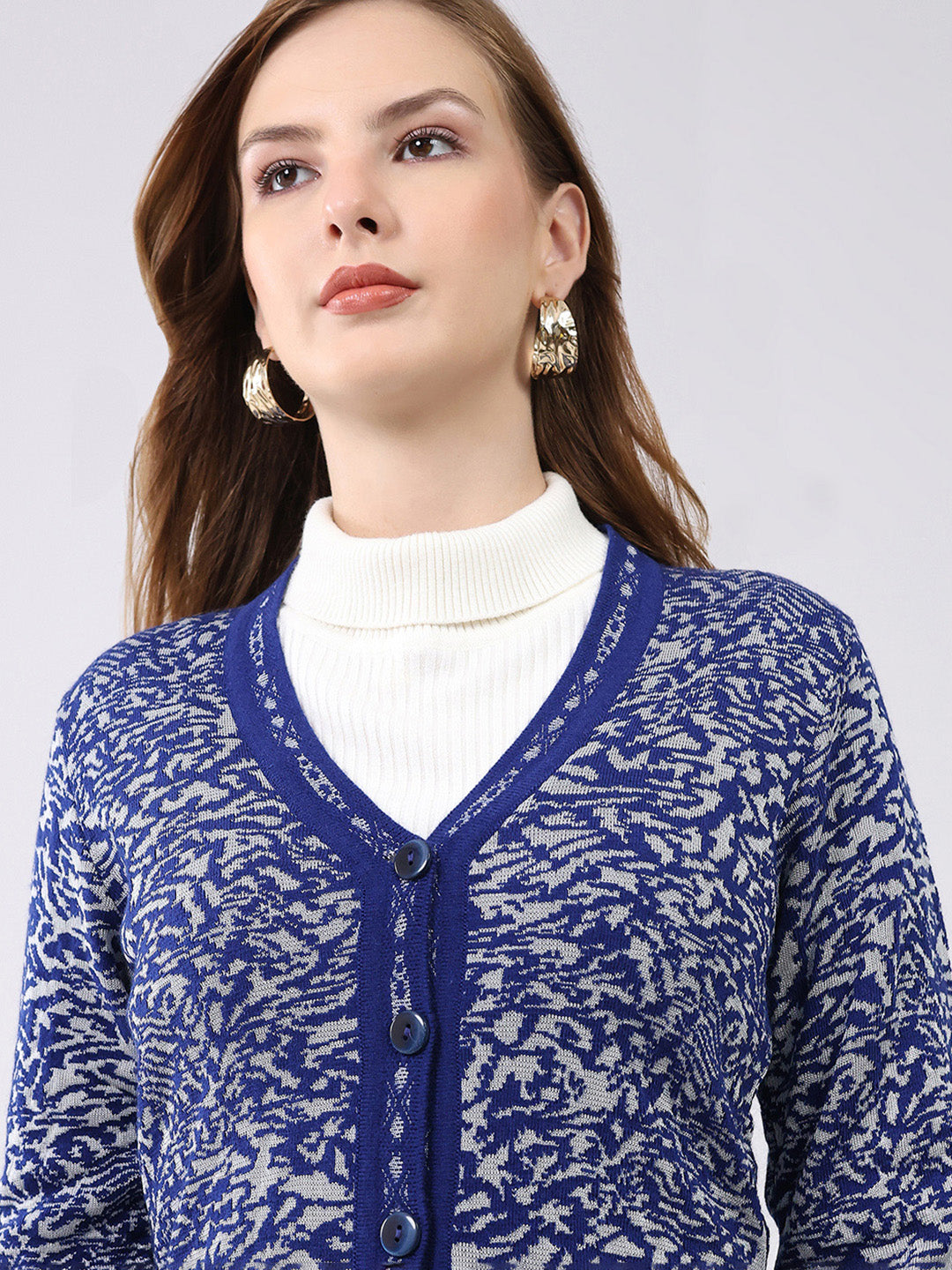 Women Blue Self Design V Neck Full Sleeve Cardigan