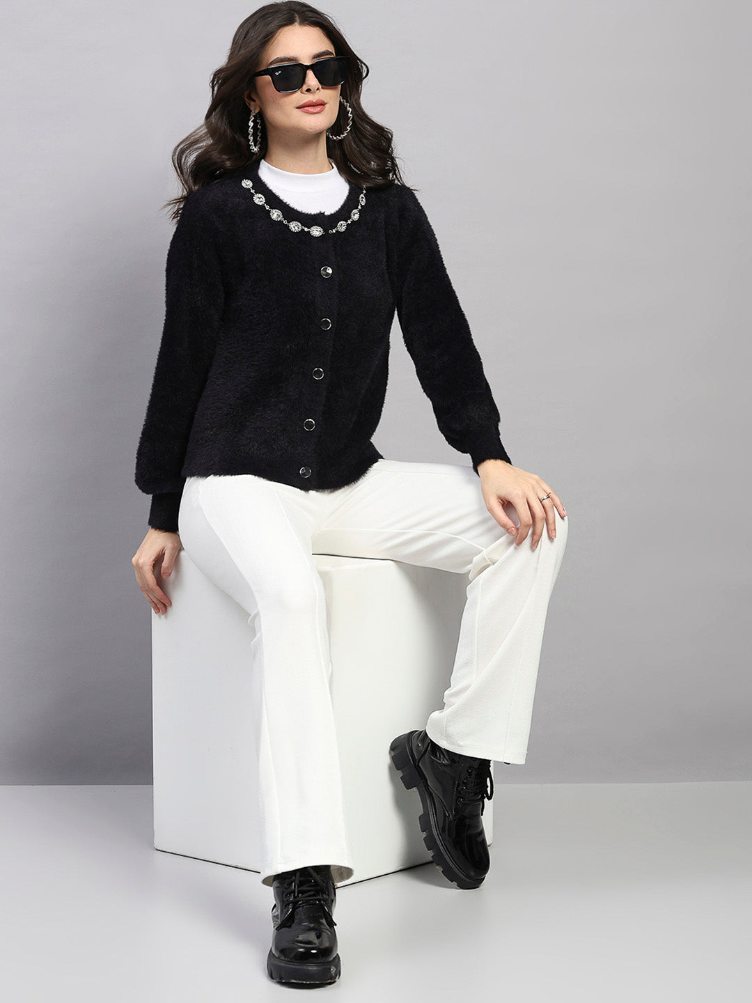 Women Black Self Design Round Neck Full Sleeve Cardigan