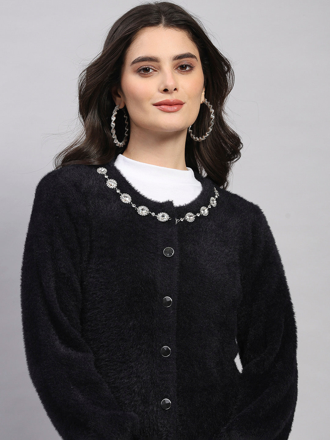 Women Black Self Design Round Neck Full Sleeve Cardigan