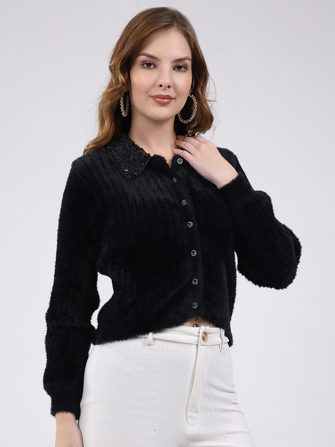 Women Black Self Design Collar Full Sleeve Cardigan