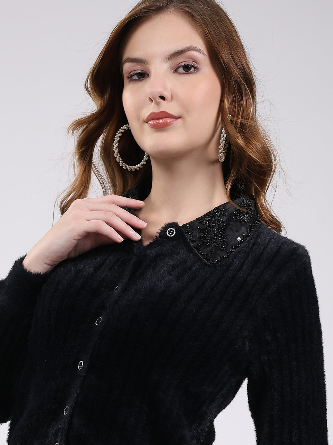 Women Black Self Design Collar Full Sleeve Cardigan