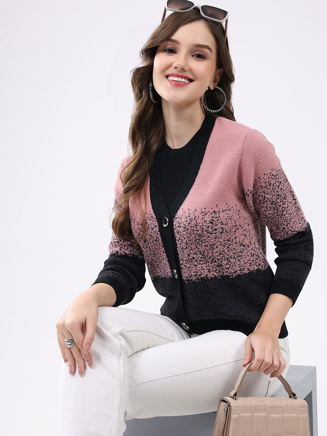 Women Black & Pink Self Design V Neck Full Sleeve Cardigan