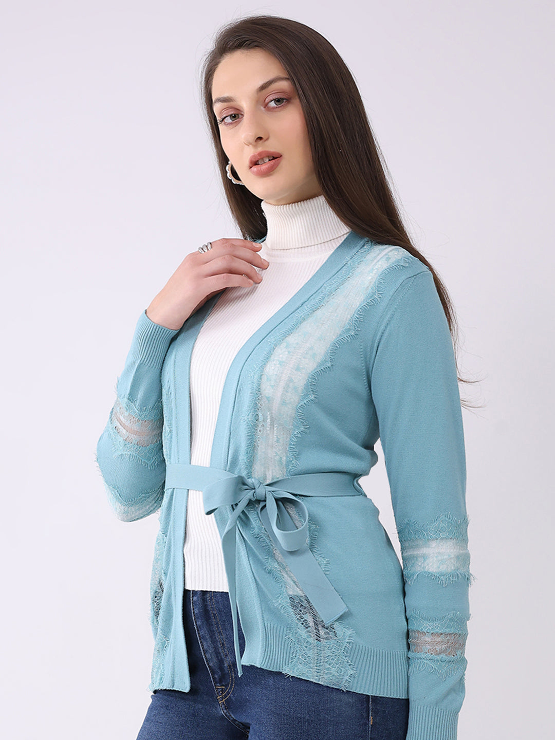 Women Blue Self Design Front Open Full Sleeve Cardigan