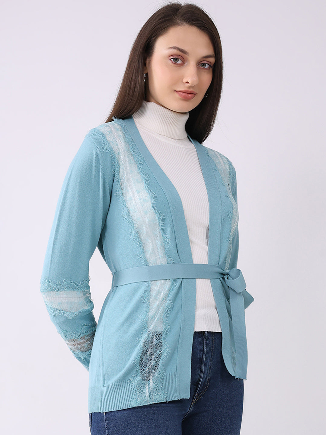 Women Blue Self Design Front Open Full Sleeve Cardigan