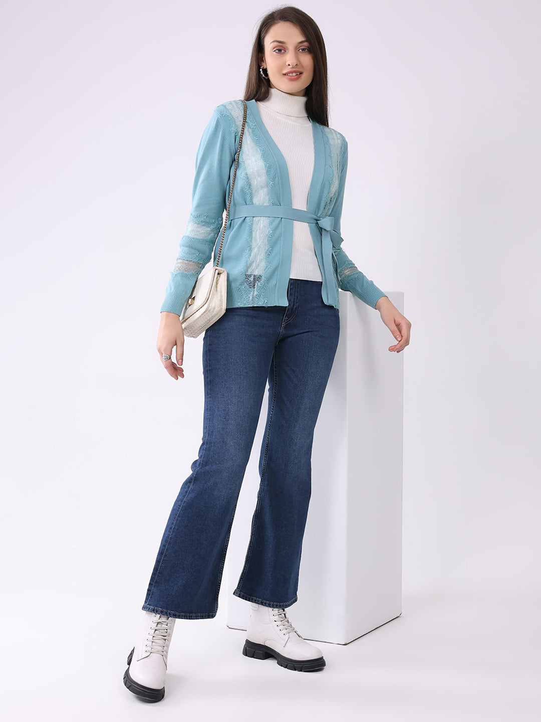 Women Blue Self Design Front Open Full Sleeve Cardigan