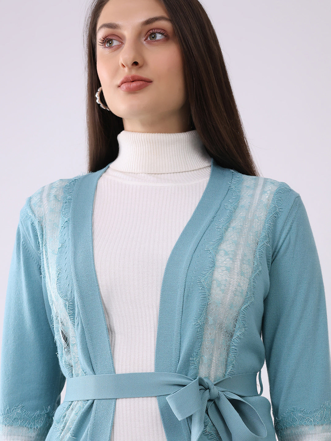 Women Blue Self Design Front Open Full Sleeve Cardigan