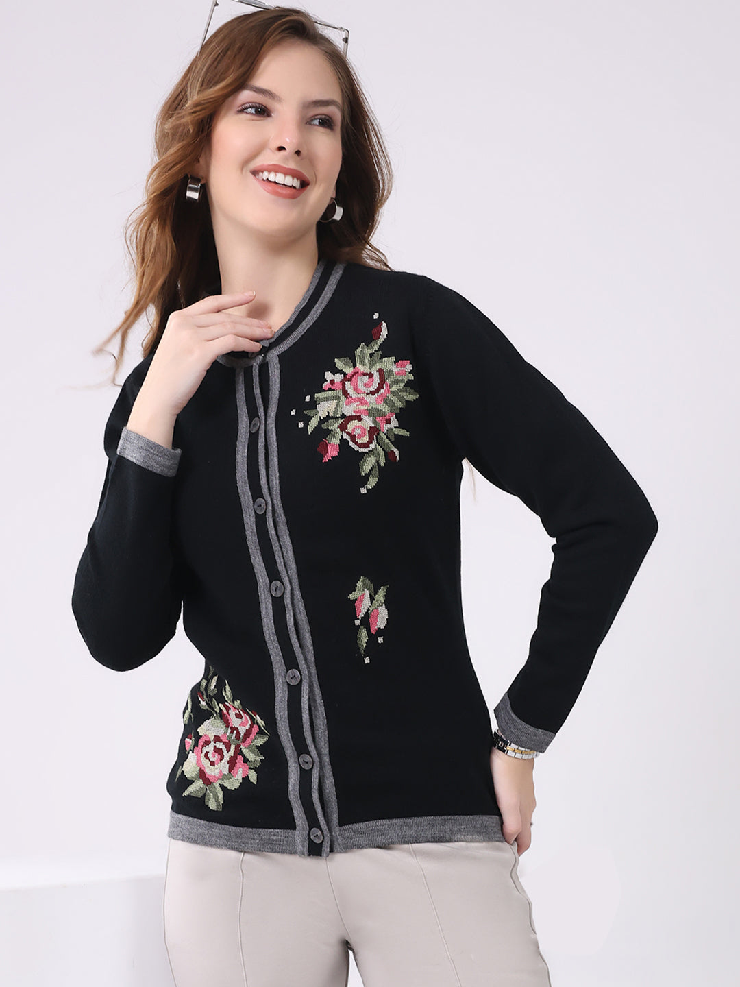 Women Black Self Design Round Neck Full Sleeve Cardigan