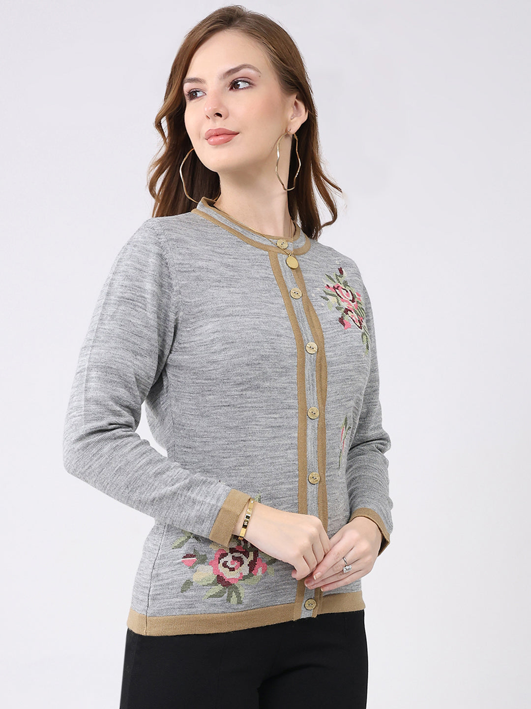 Women Grey Self Design Round Neck Full Sleeve Cardigan