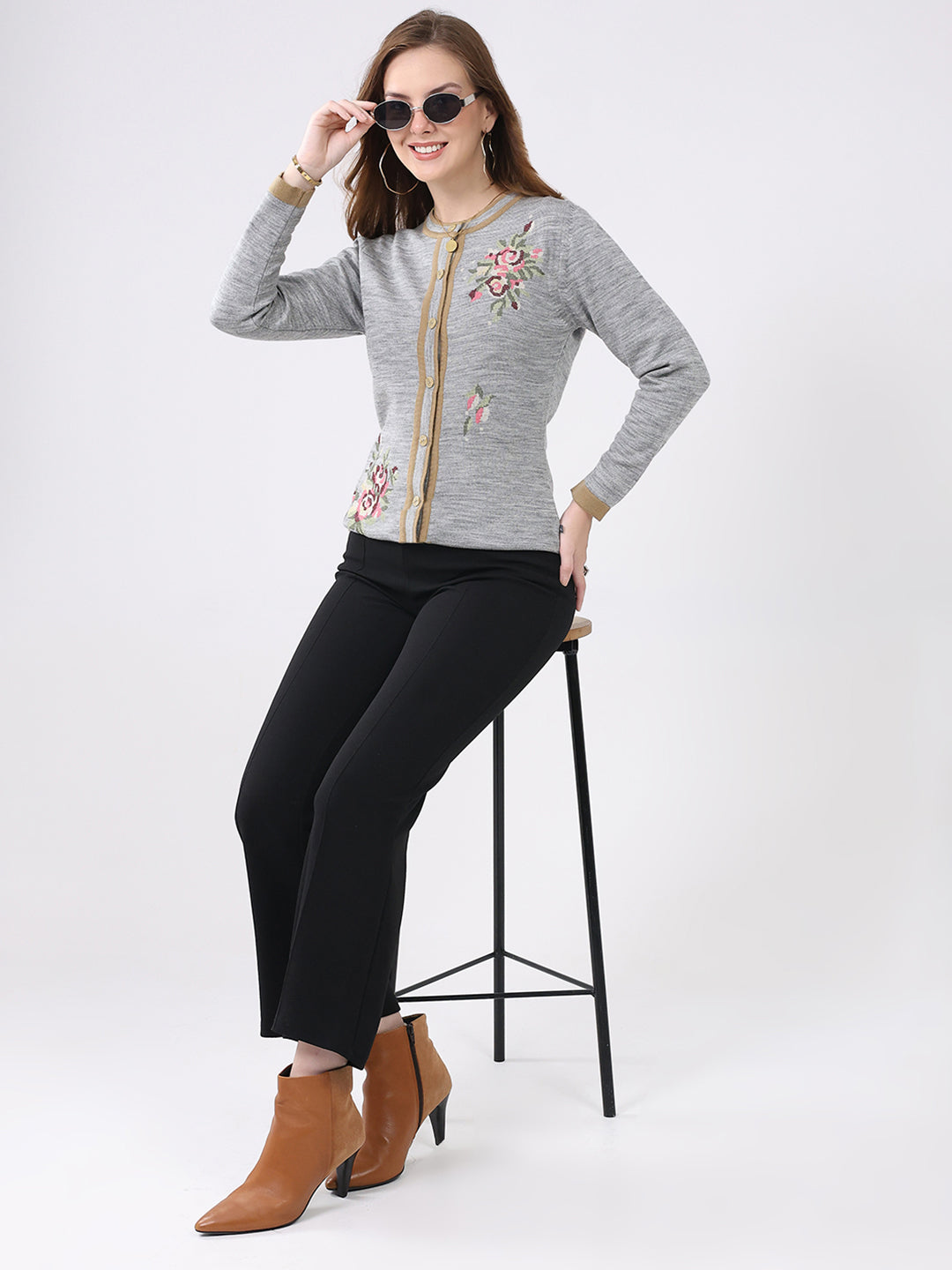 Women Grey Self Design Round Neck Full Sleeve Cardigan