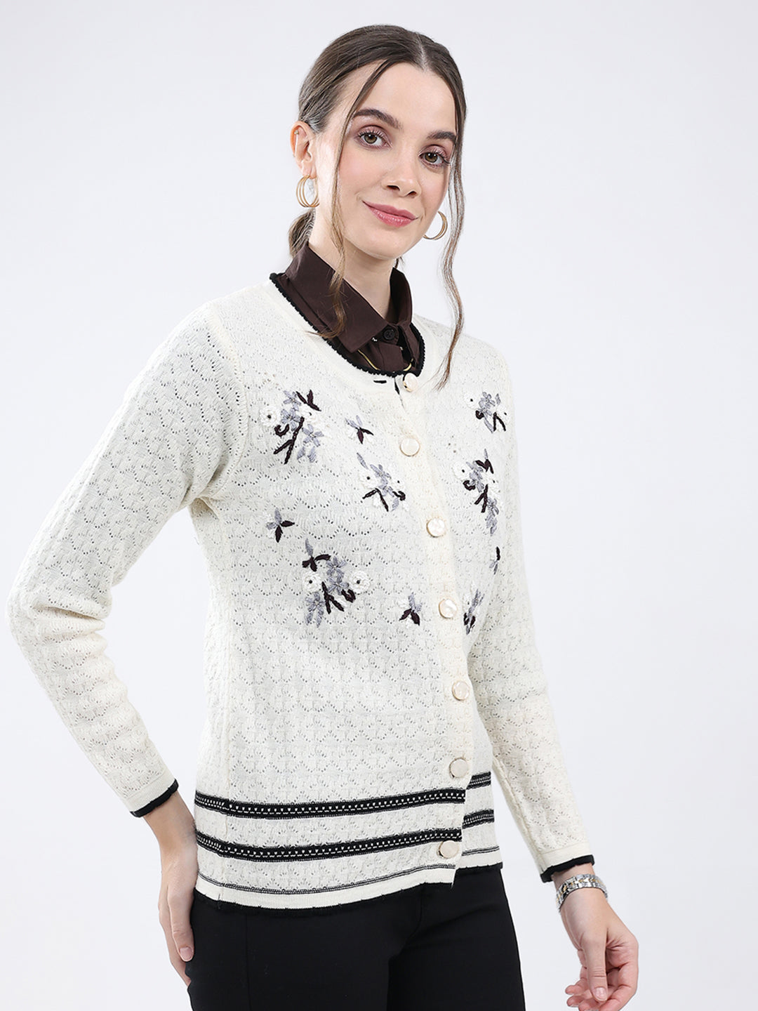 Women Cream Embroidered Round Neck Full Sleeve Cardigan