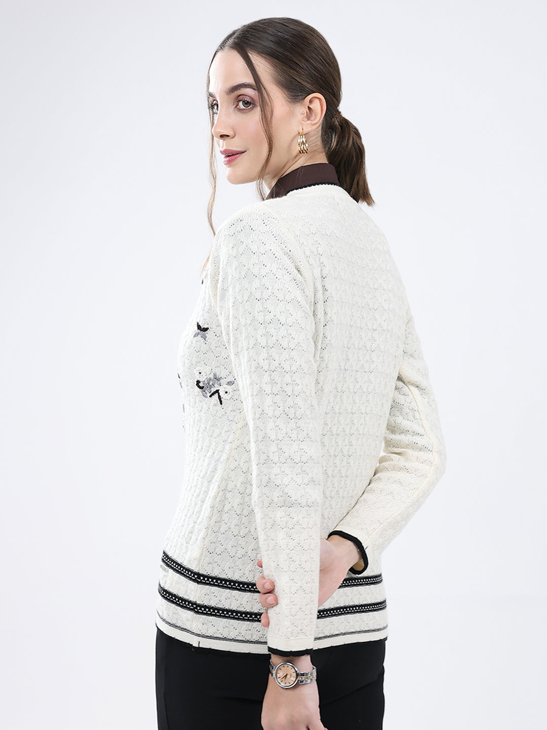 Women Cream Embroidered Round Neck Full Sleeve Cardigan