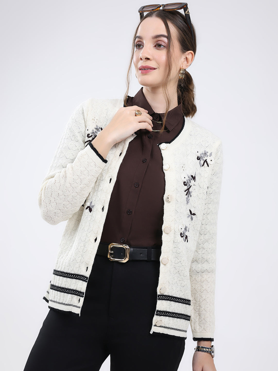 Women Cream Embroidered Round Neck Full Sleeve Cardigan