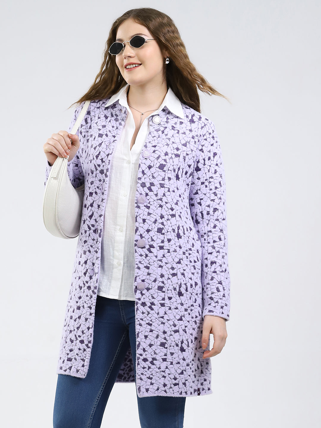 Women Purple Printed Round Neck Full Sleeve Knitted Coat