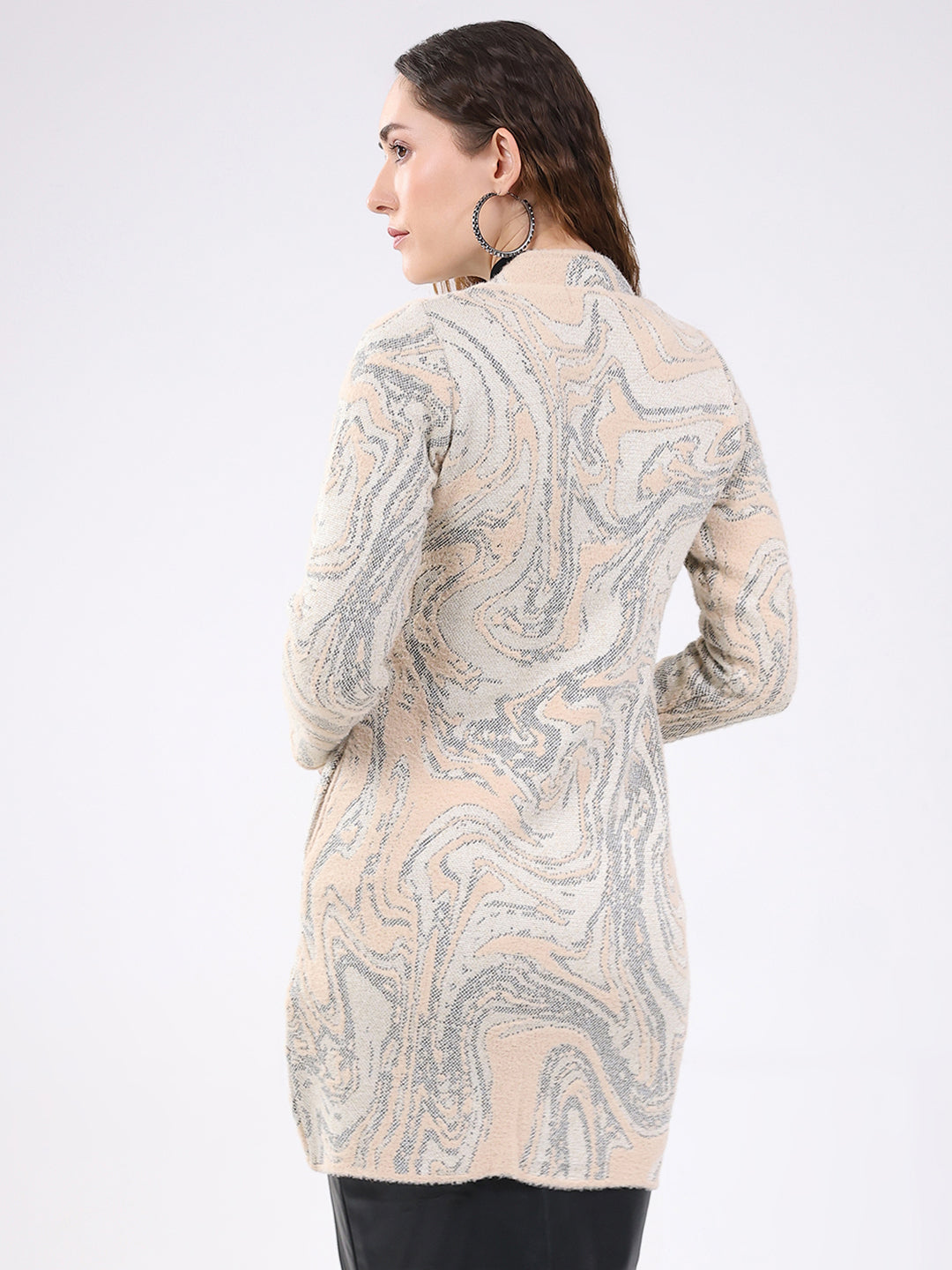 Women Beige Jacquard Round Neck Full Sleeve Knitted Coat