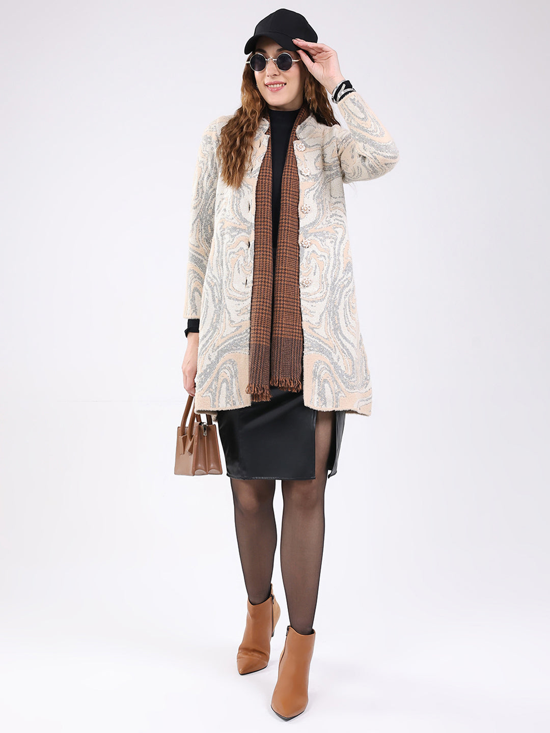 Women Beige Jacquard Round Neck Full Sleeve Knitted Coat