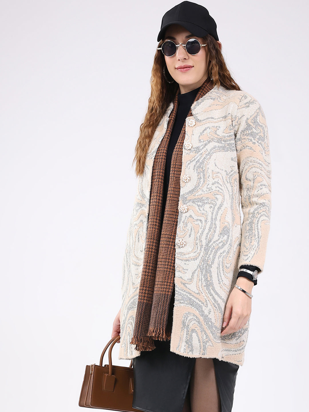 Women Beige Jacquard Round Neck Full Sleeve Knitted Coat