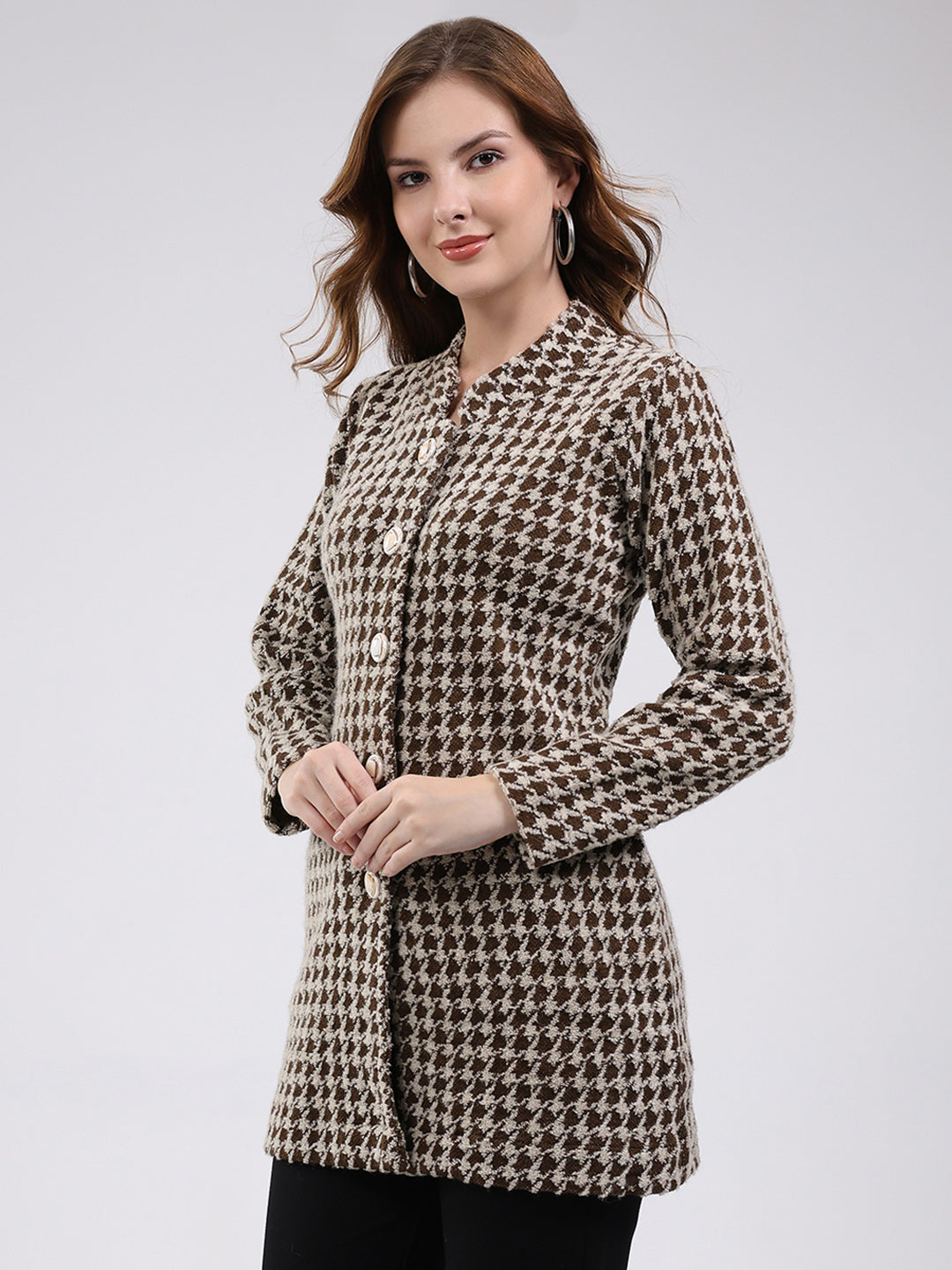 Women Brown Self Design Round Neck Full Sleeve Knitted Coat