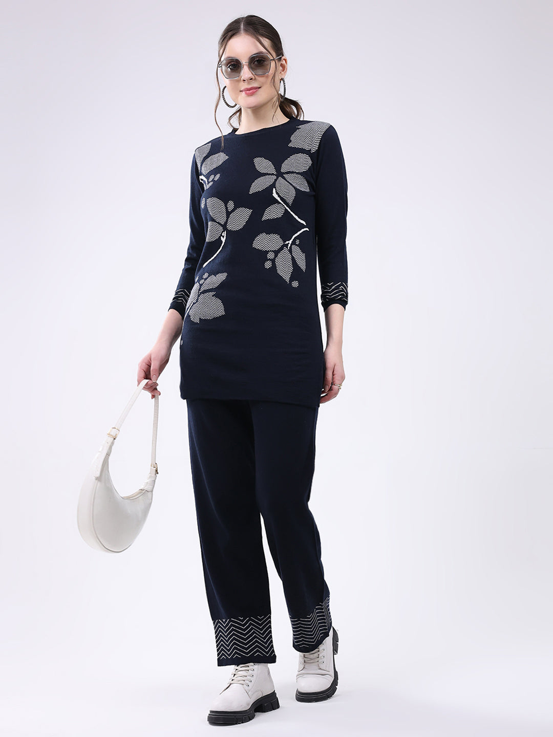Women Navy Blue Self Design Round Neck Full Sleeve Cords Set