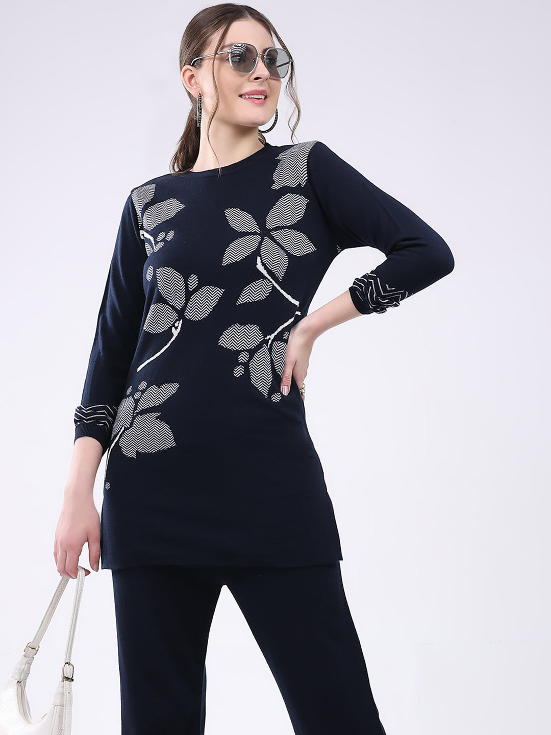 Women Navy Blue Self Design Round Neck Full Sleeve Cords Set
