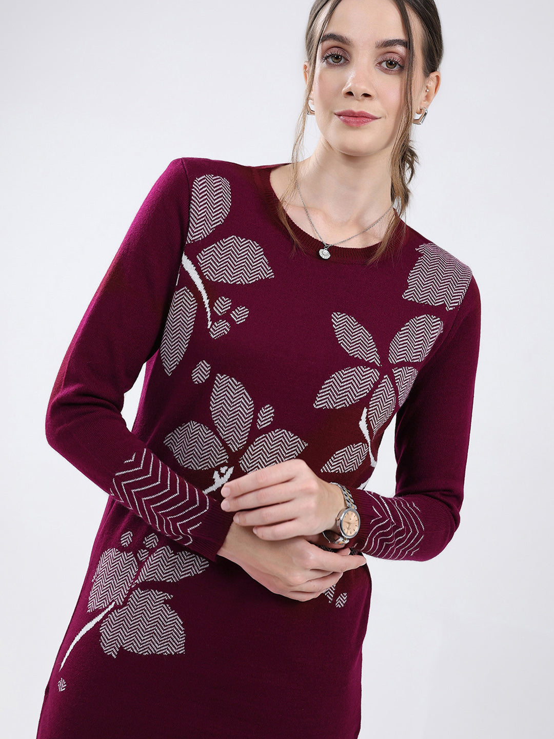 Women Burgundy Self Design Round Neck Full Sleeve Cords Set