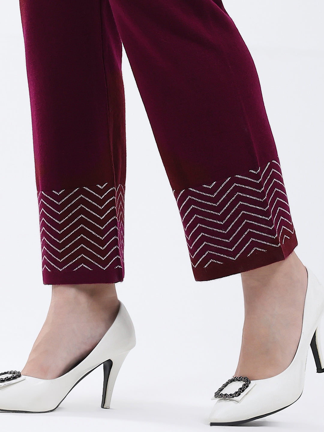 Women Burgundy Self Design Round Neck Full Sleeve Cords Set