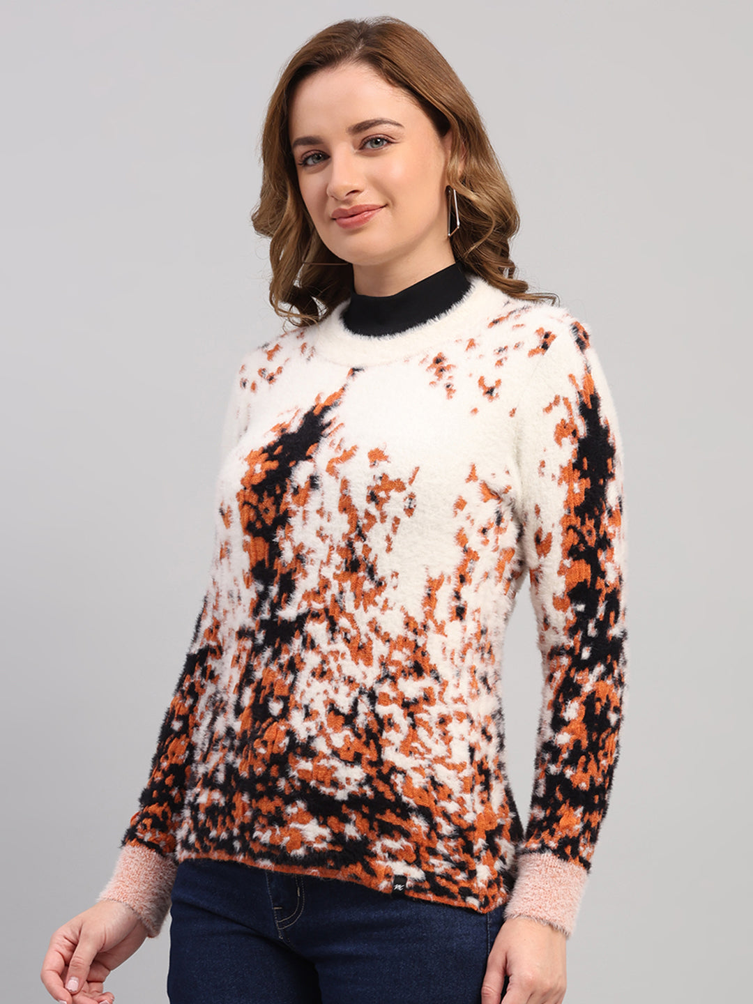 Women White Self Design Round Neck Full Sleeve Winter Top