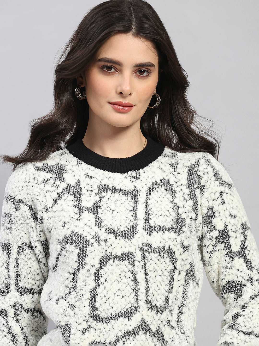 Women White Self Design Round Neck Full Sleeve Winter Top