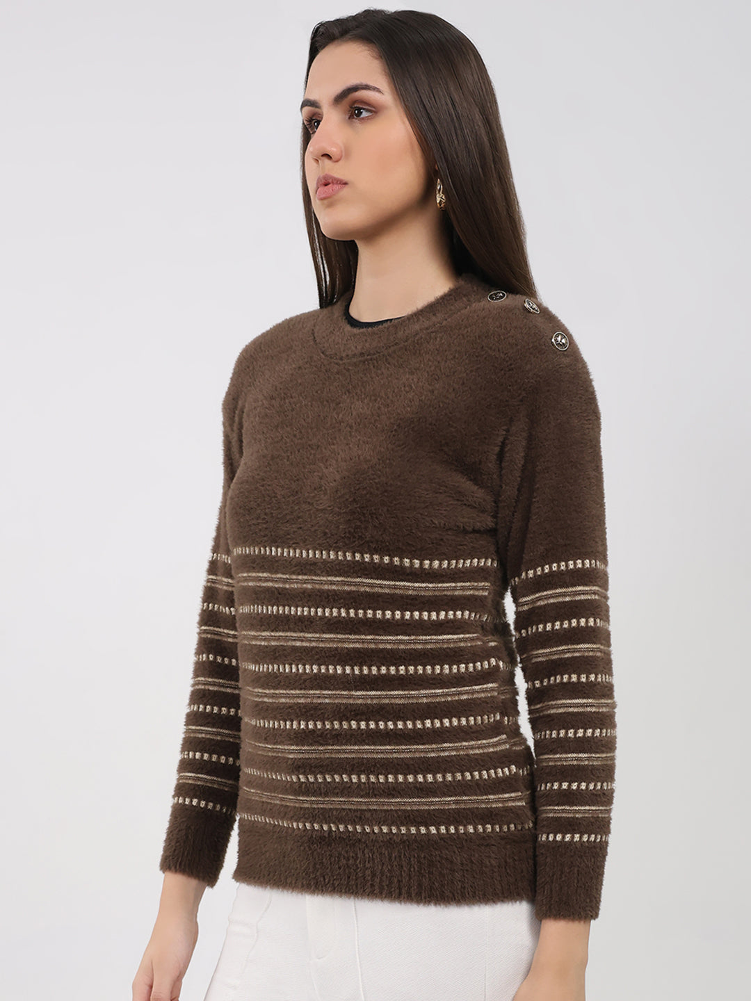 Women Brown Printed Round Neck Full Sleeve Winter Top