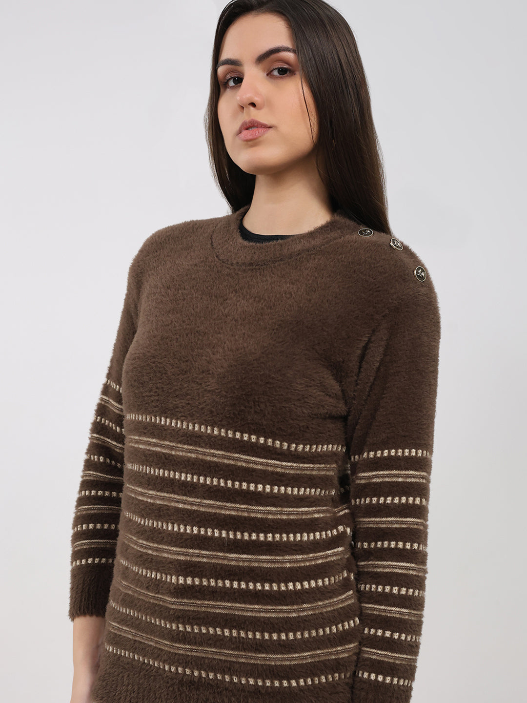 Women Brown Printed Round Neck Full Sleeve Winter Top