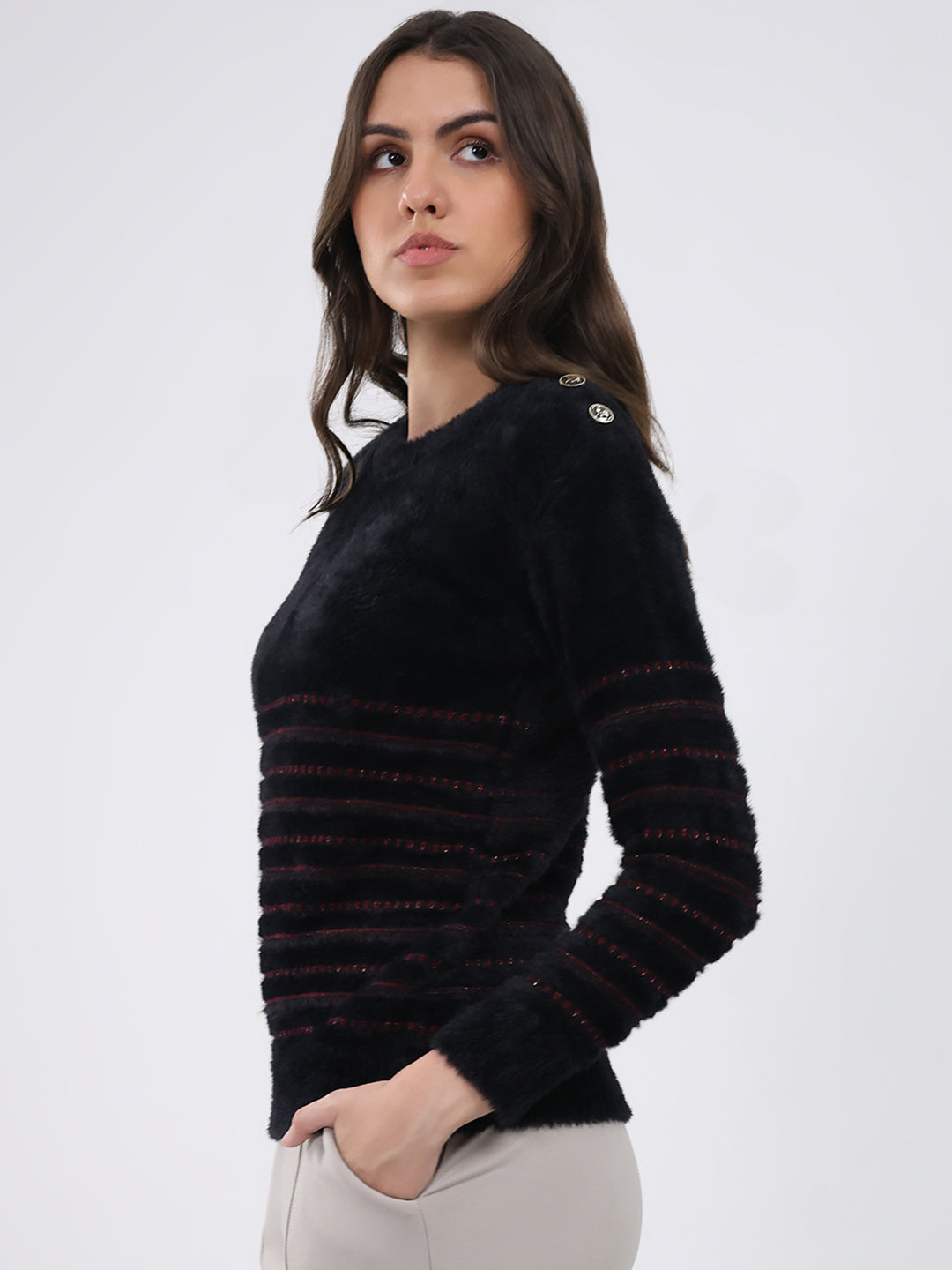 Women Black Printed Round Neck Full Sleeve Winter Top