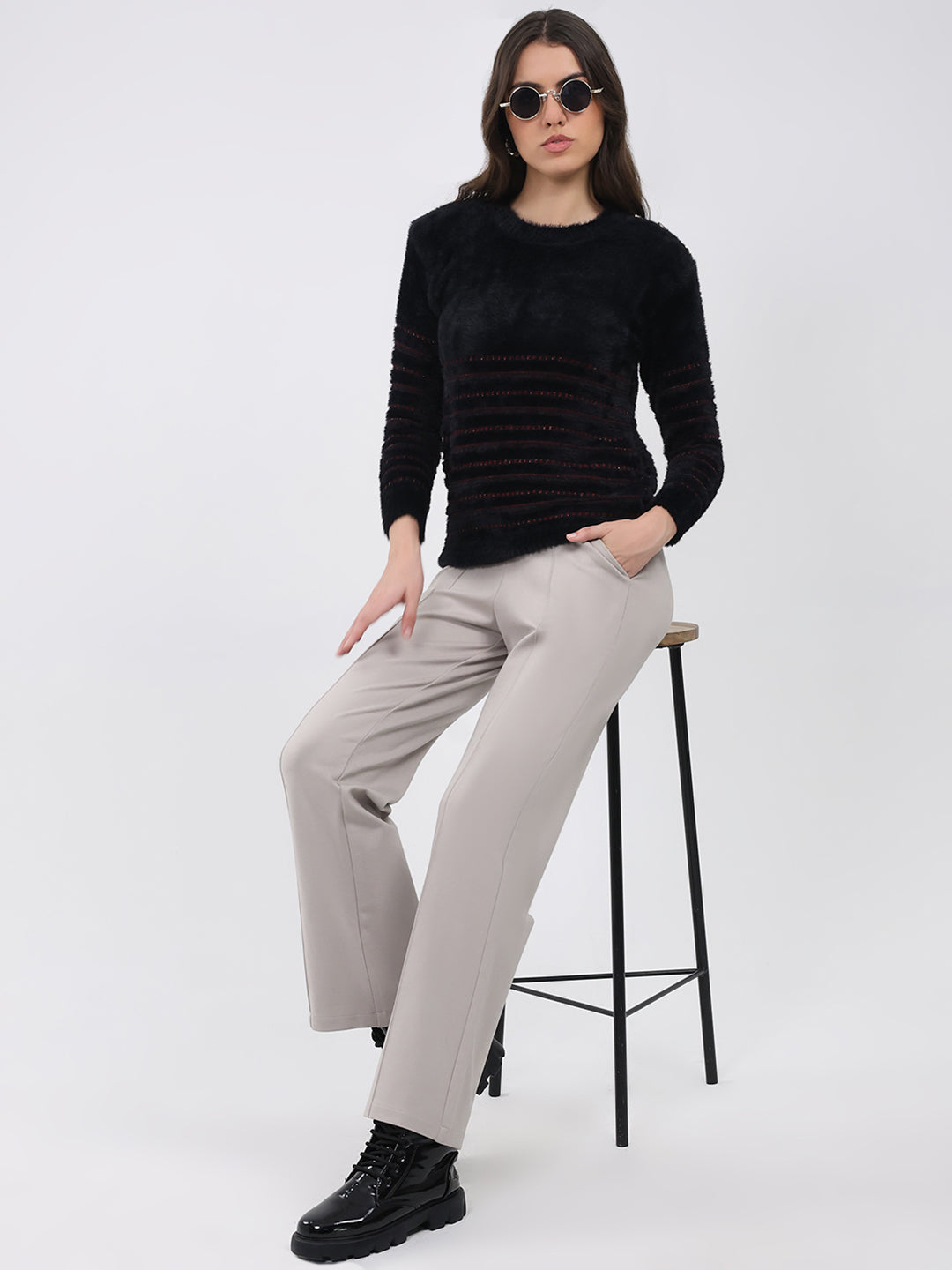 Women Black Printed Round Neck Full Sleeve Winter Top