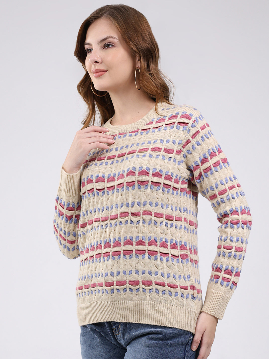 Women Beige Abstract Round Neck Full Sleeve Winter Top