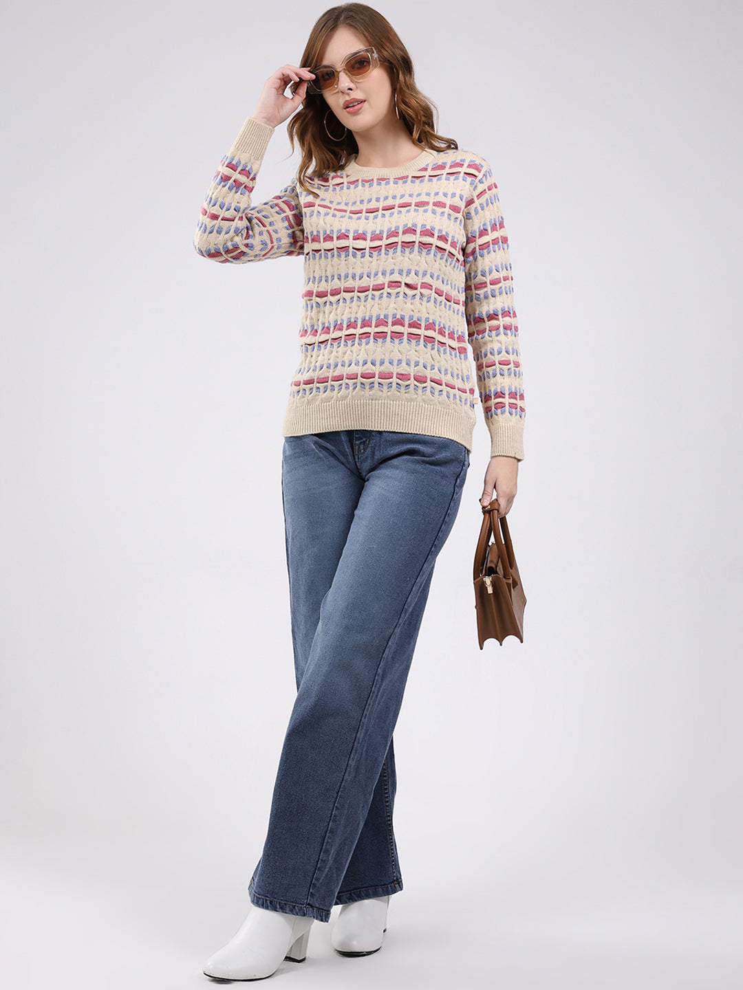 Women Beige Abstract Round Neck Full Sleeve Winter Top