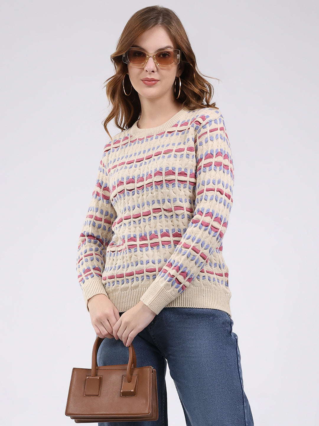 Women Beige Abstract Round Neck Full Sleeve Winter Top