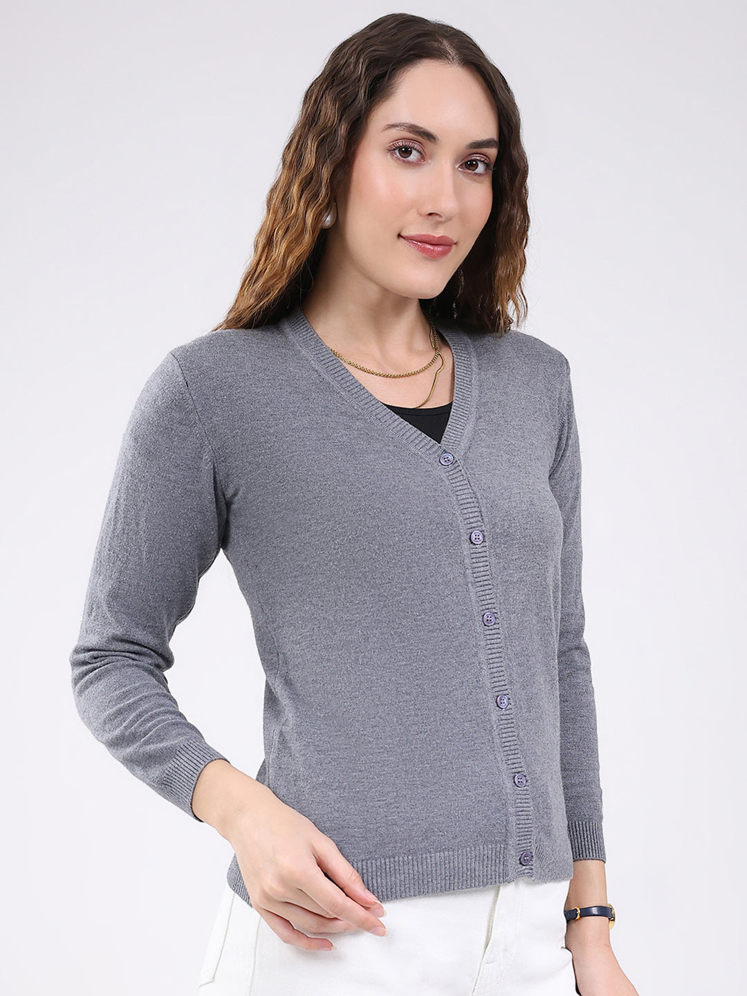 Women Grey Solid V Neck Full Sleeve Cardigan