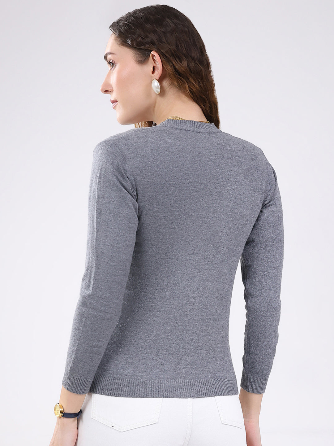 Women Grey Solid V Neck Full Sleeve Cardigan