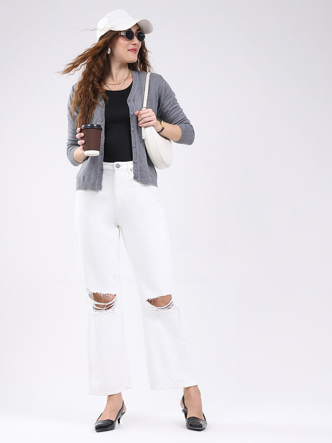 Women Grey Solid V Neck Full Sleeve Cardigan