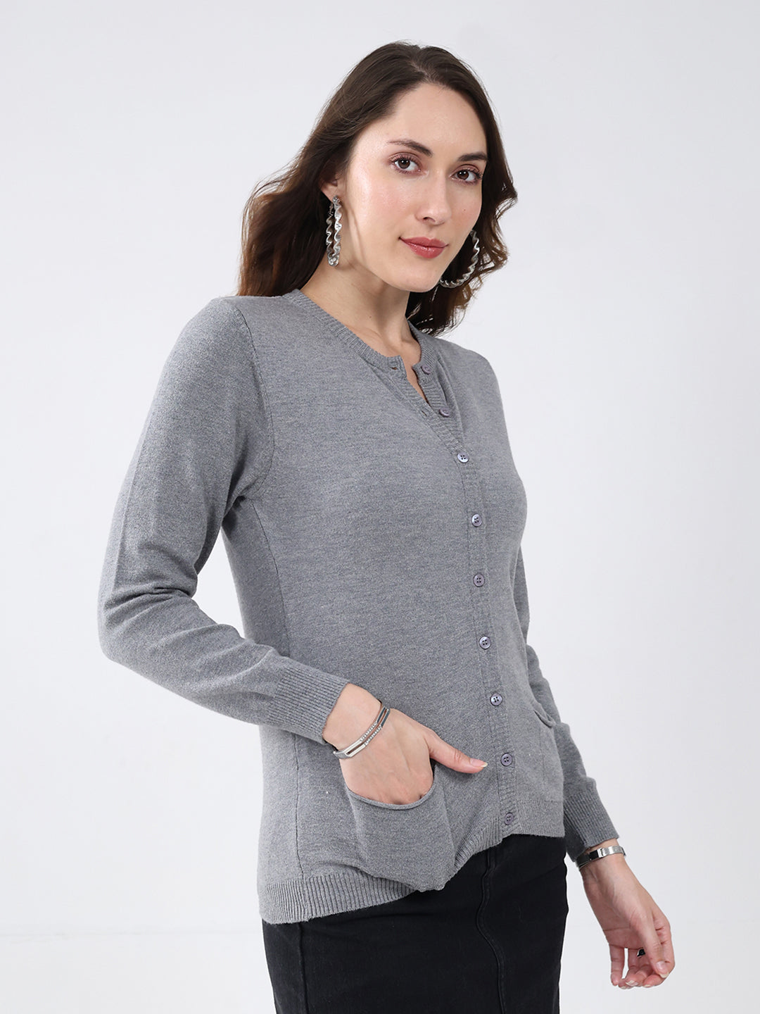 Women Grey Solid Round Neck Full Sleeve Cardigan