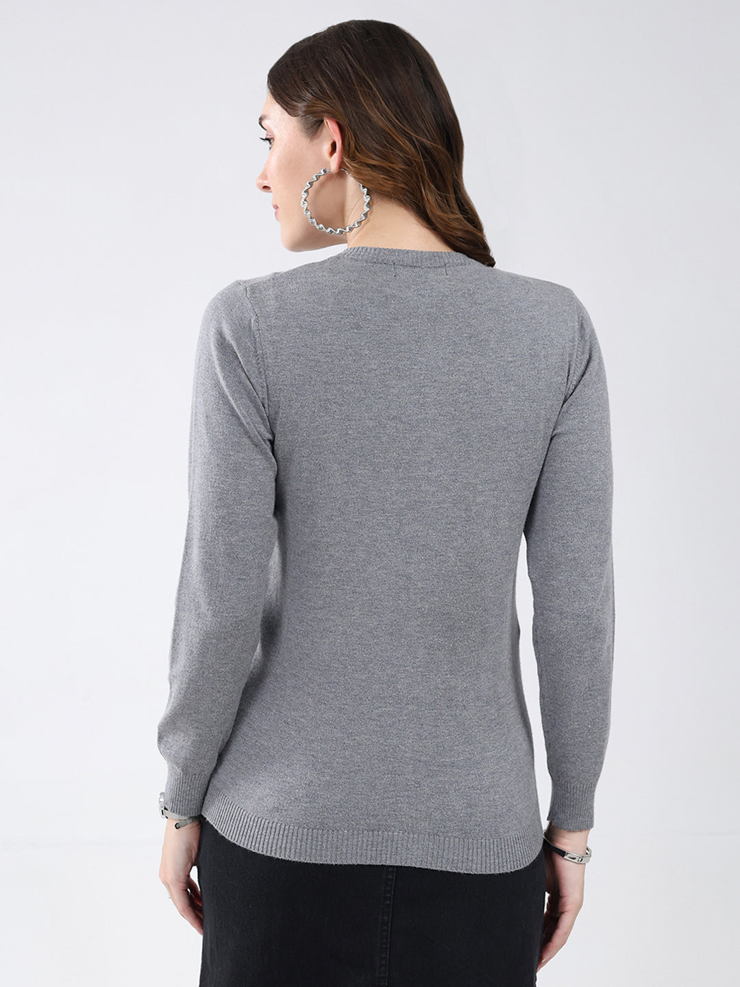 Women Grey Solid Round Neck Full Sleeve Cardigan