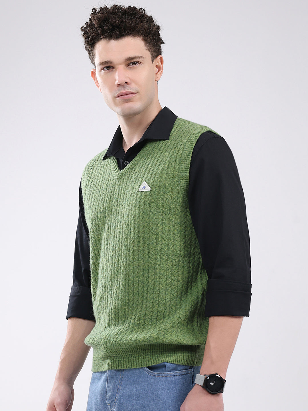 Men Green Self Design V Neck Sleeveless Sweater