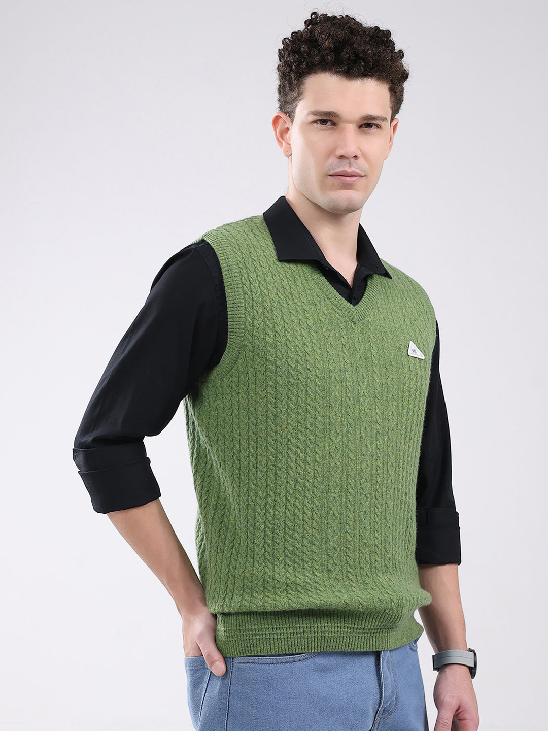Men Green Self Design V Neck Sleeveless Sweater