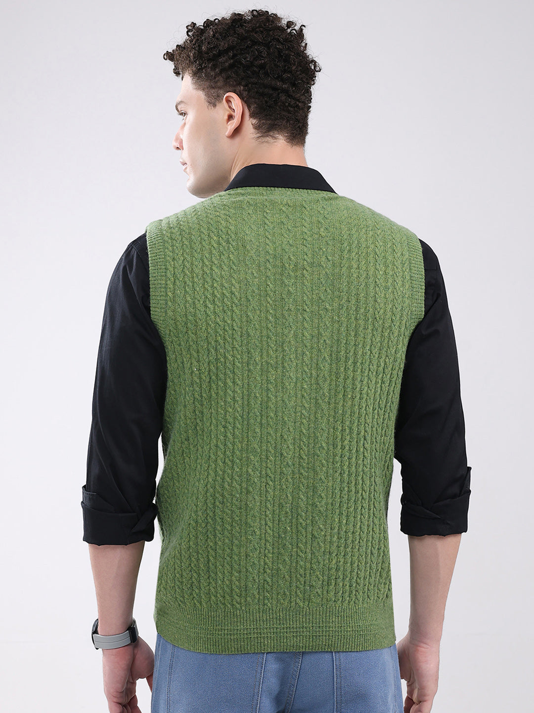Men Green Self Design V Neck Sleeveless Sweater
