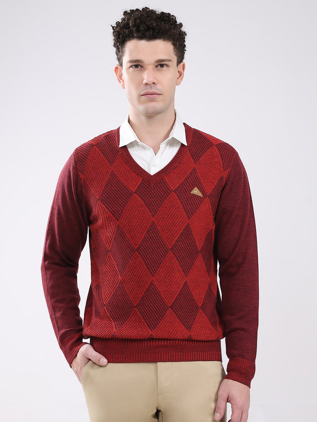 Men Maroon Self Design V Neck Full Sleeve Pullover