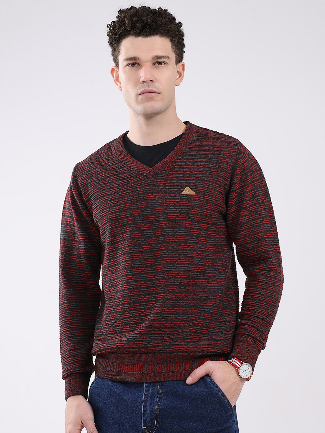 Men Maroon Self Design V Neck Full Sleeve Pullover