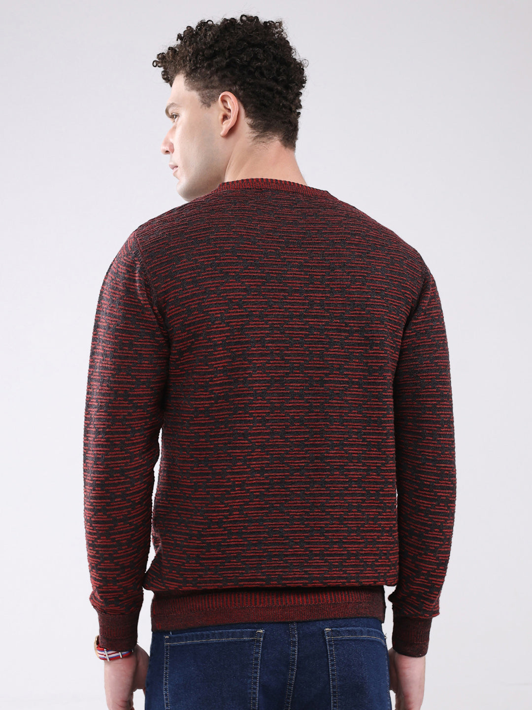 Men Maroon Self Design V Neck Full Sleeve Pullover