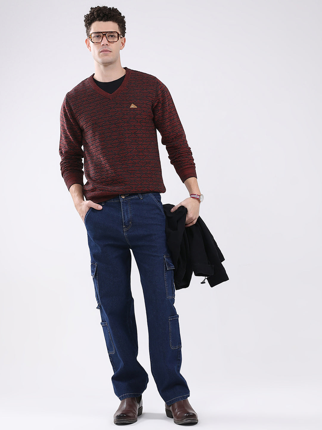 Men Maroon Self Design V Neck Full Sleeve Pullover