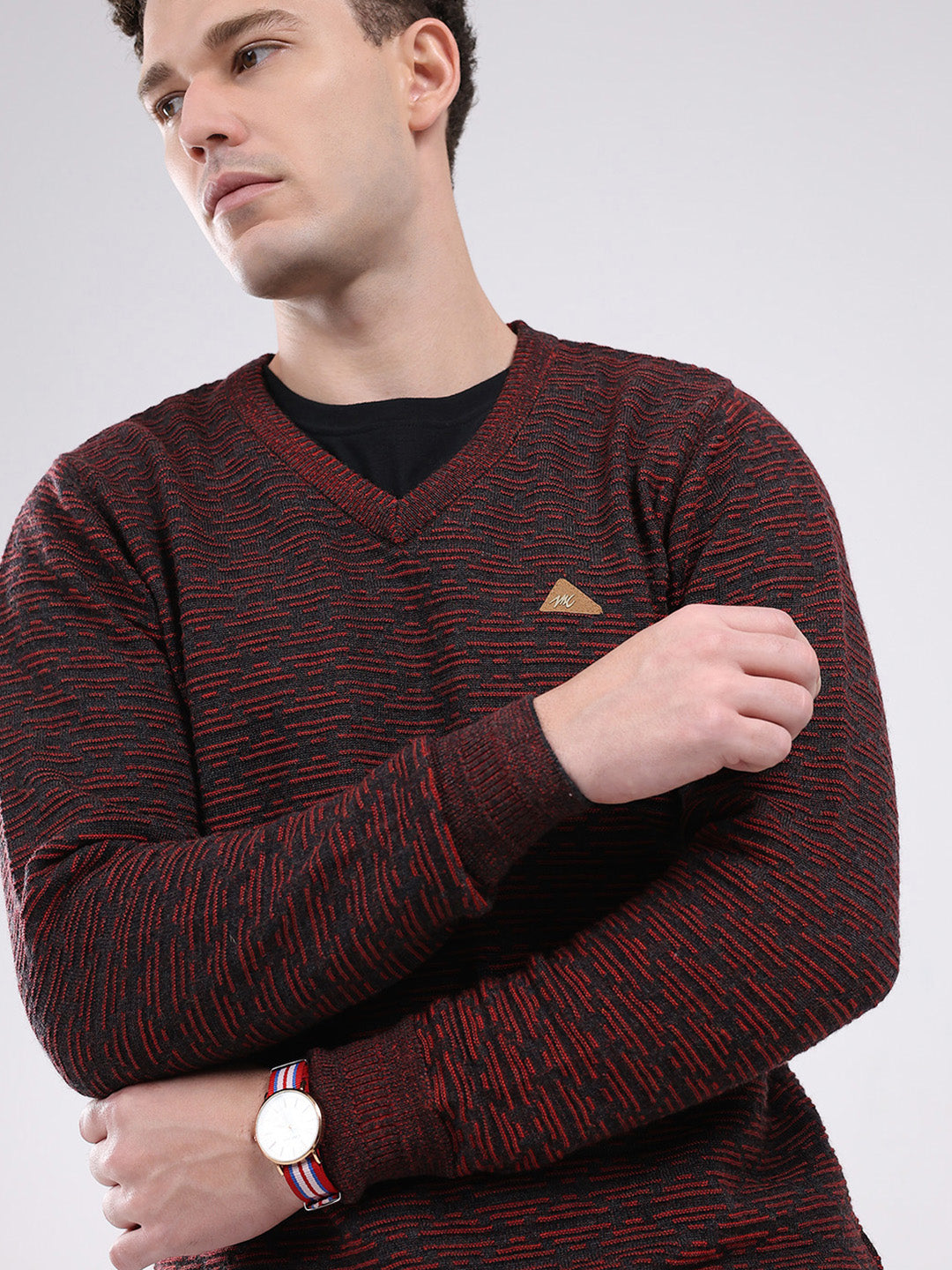 Men Maroon Self Design V Neck Full Sleeve Pullover