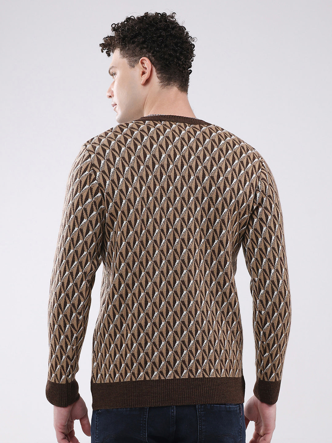 Men Brown Self Design V Neck Full Sleeve Pullover