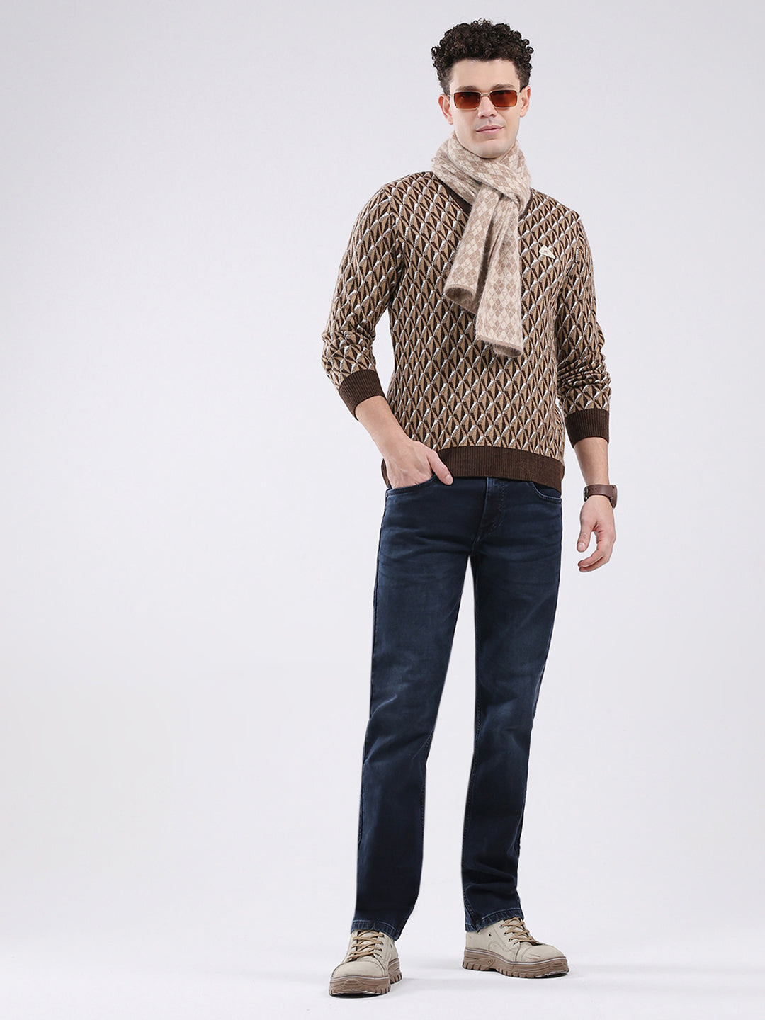 Men Brown Self Design V Neck Full Sleeve Pullover