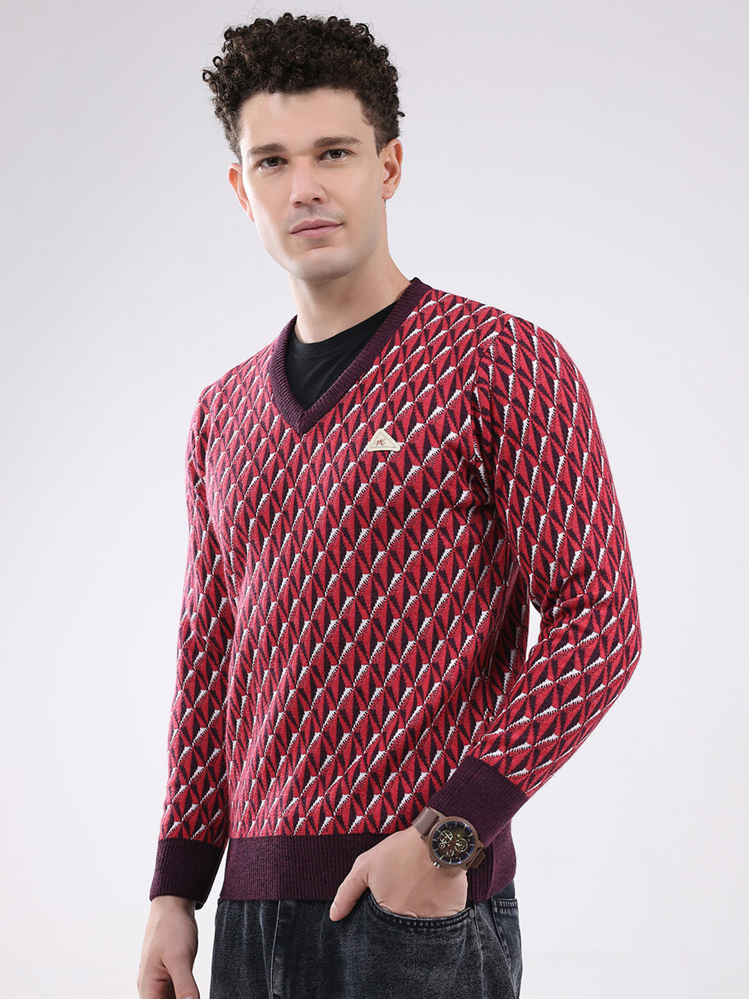 Men Red Self Design V Neck Full Sleeve Pullover